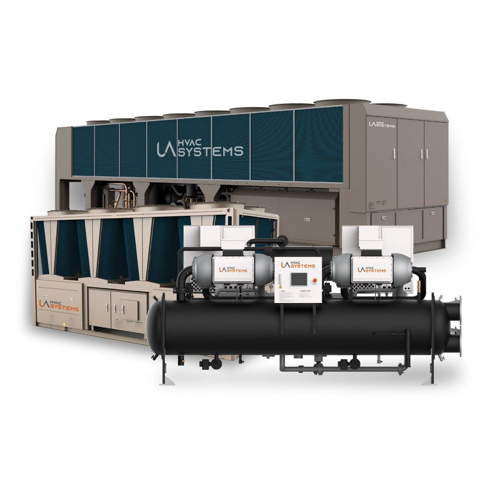Composición de soluciones HVAC industriales de UA HVAC SYSTEMS: Chiller Roof Top, Unidad Manejadora de Aire (AHU) y Chiller de Condensación por Agua, demostrando capacidad integral de climatización.