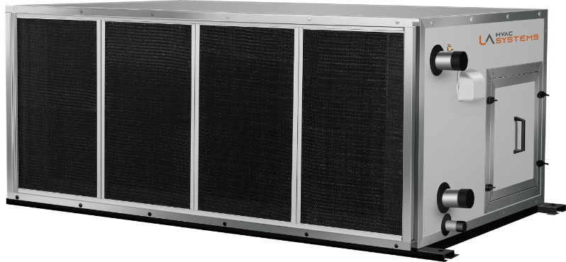 Unidad de tratamiento de aire (UTA) o Rooftop HVAC industrial de gran capacidad, con rejillas de ventilación y conexiones de ductos visibles.