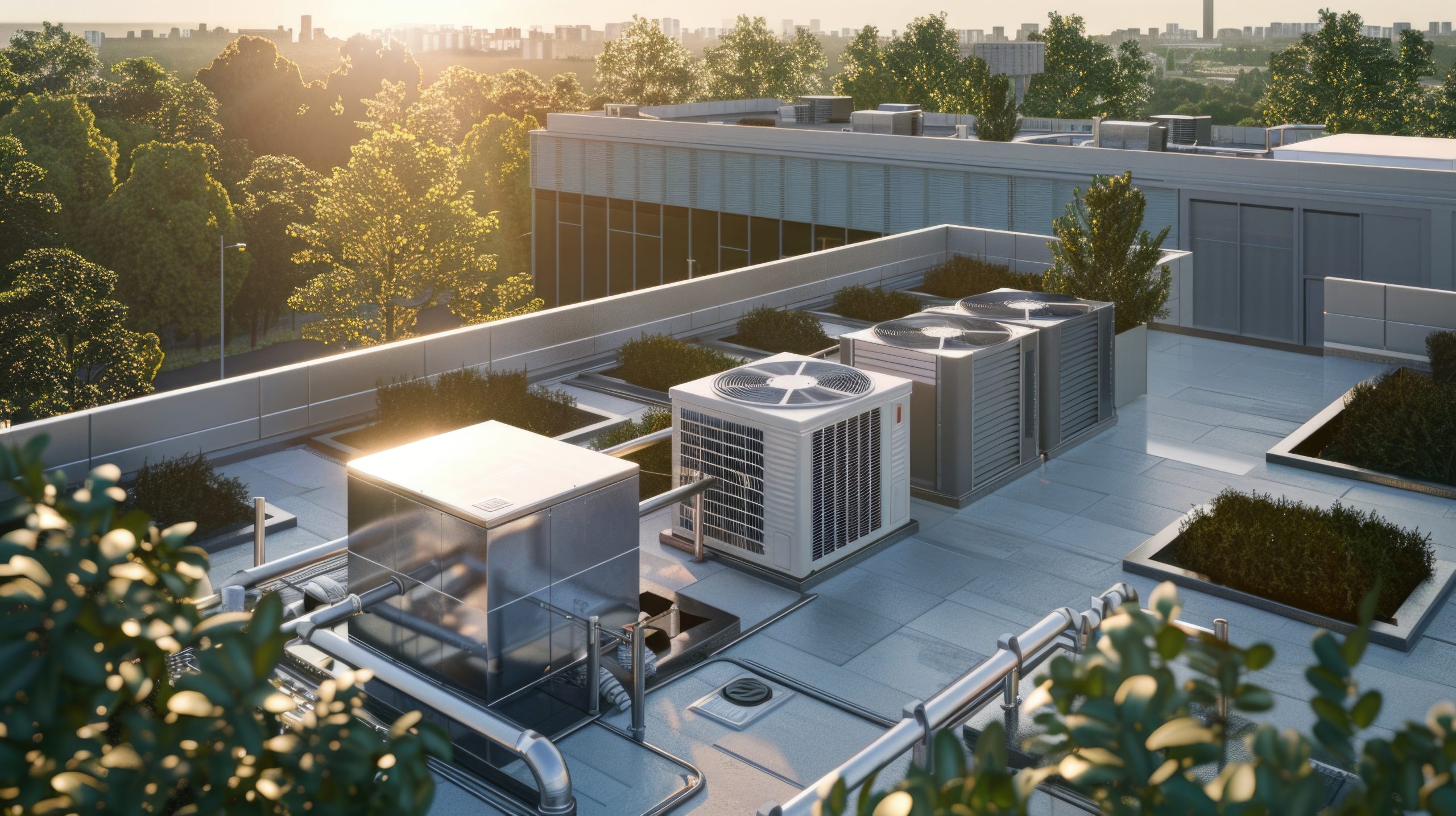 Unidades condensadoras de aire acondicionado y sistemas HVAC en la azotea de un edificio comercial o corporativo, con paisajismo circundante y atardecer.