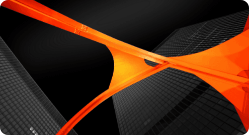 Imagen abstracta corporativa con rascacielos modernos y un elemento de conexión naranja dinámico, simbolizando la unión entre la innovación y la infraestructura comercial.