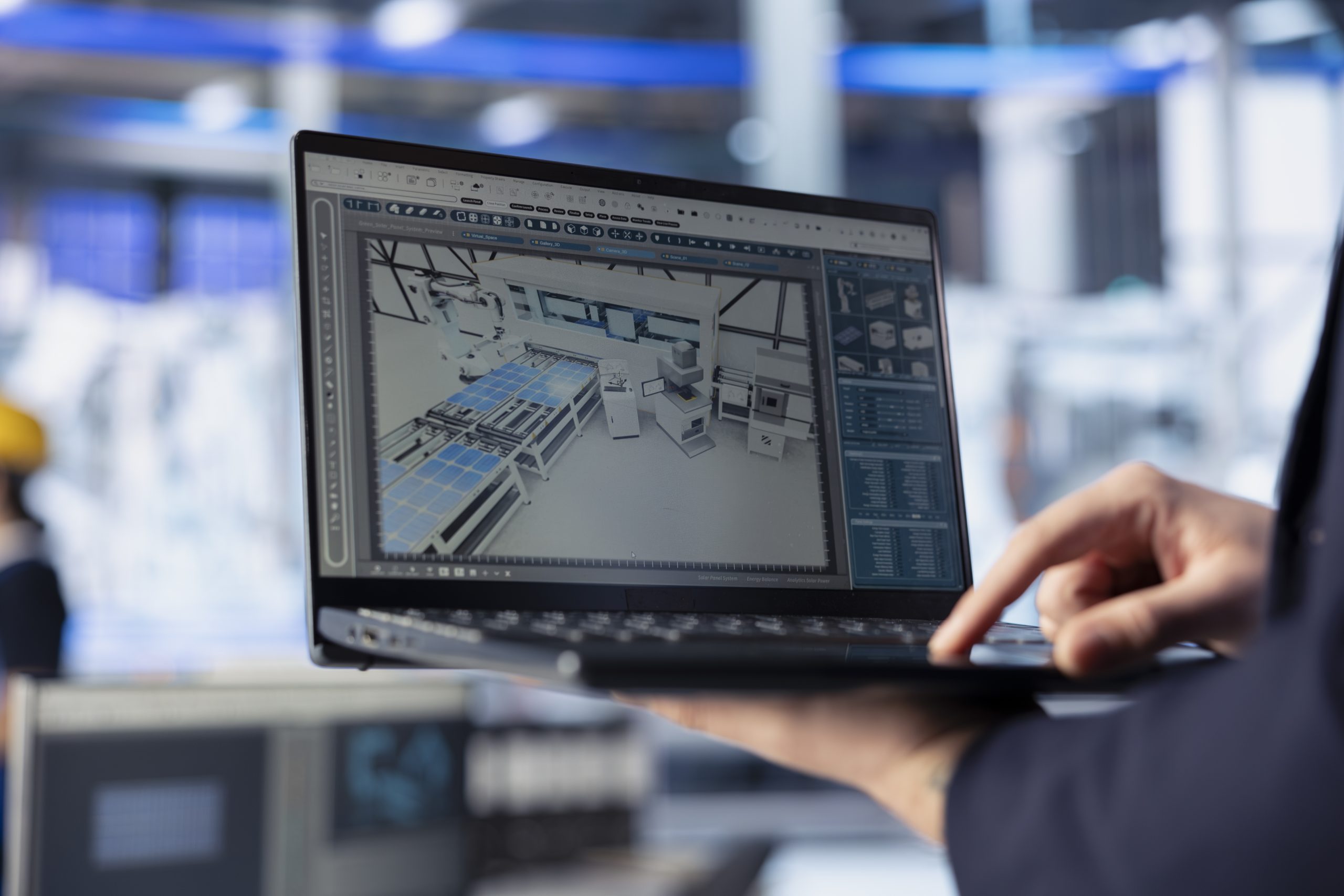 solar panels plant worker analyzing performance data laptop close up scaled